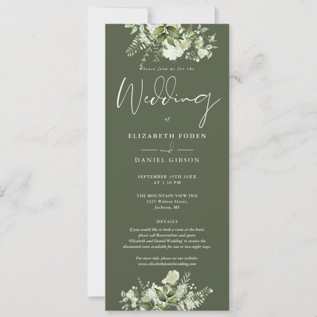 Greenery Floral Monogram Details Olive Wedding Invitation (Front)