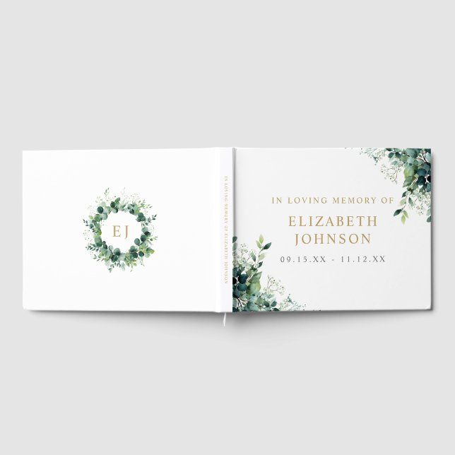 Greenery Floral Monogram In Loving Memory Funeral Guest Book (Full)