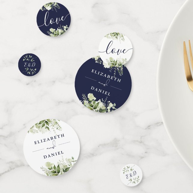 Greenery Floral Monogram Navy Blue Wedding Confetti (Greenery Floral Monogram Navy Blue Wedding Confetti)