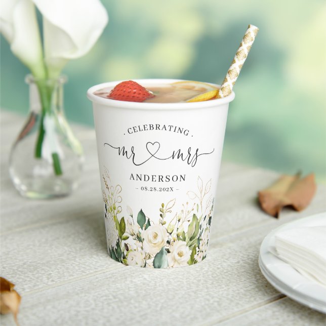 Greenery Floral Mr and Mrs Heart Script Wedding Paper Cups (Insitu)