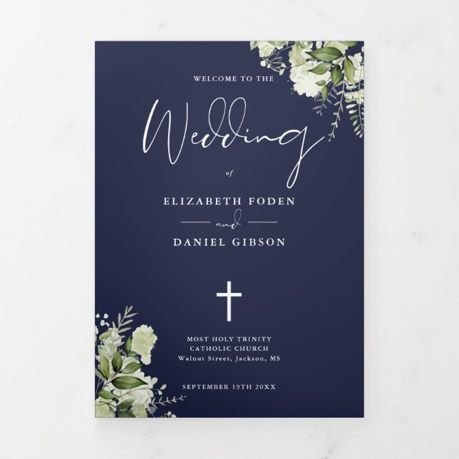 Greenery Floral Navy Blue Catholic Wedding Mass Tri-Fold Programme (Cover)