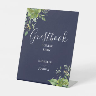 Greenery Floral Navy Blue Guestbook Pedestal Sign