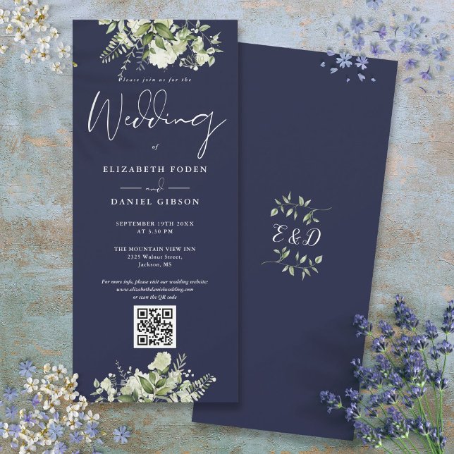 Greenery Floral Navy Blue QR Code Wedding Invitation (Greenery Floral Navy Blue QR Code Wedding Invitation)