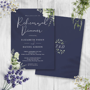 Greenery Floral Navy Blue Rehearsal Dinner Invitation
