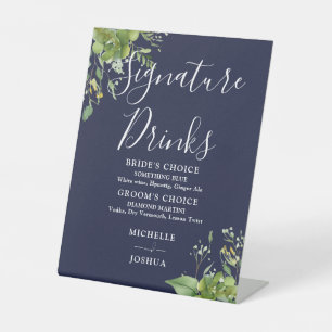 Greenery Floral Navy Blue Signature Drinks Pedestal Sign