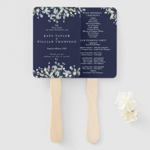 Greenery Floral Navy Blue Wedding Program Hand Fan