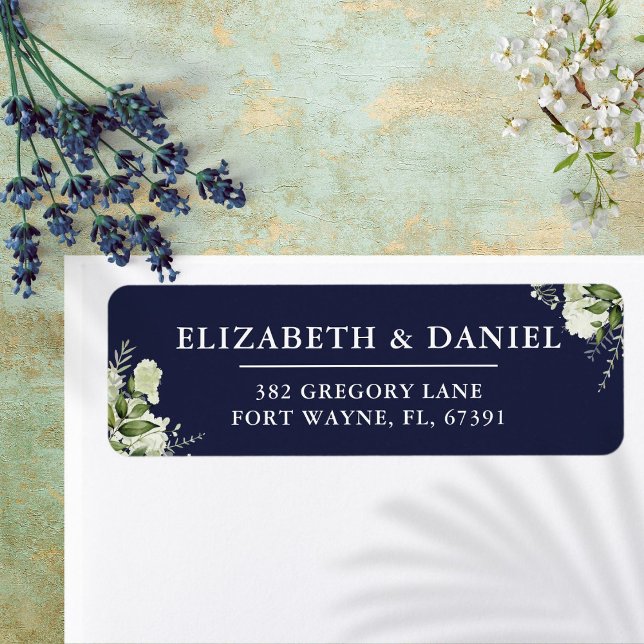 Greenery Floral Navy Blue Wedding Return Address (Greenery Floral Navy Blue Wedding Return Address Label)