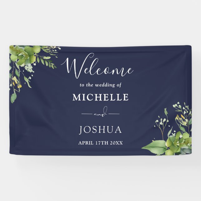 Greenery Floral Navy Blue Wedding Welcome Banner (Horizontal)