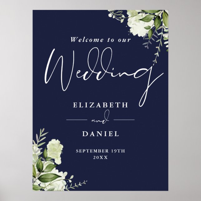 Greenery Floral Navy Blue Wedding Welcome Sign (Front)