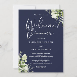 Greenery Floral Navy Blue Welcome Dinner Invitation