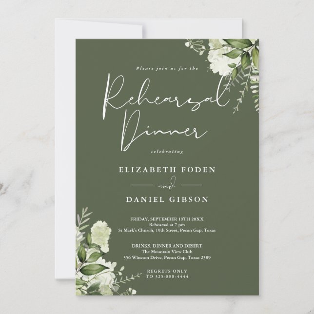 Greenery Floral Olive Green Rehearsal Dinner Invitation (Front)