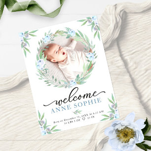 Greenery Floral Photo Birth Announcement Cards
