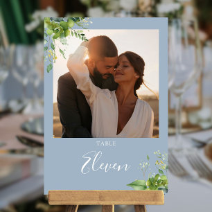 Greenery Floral Photo Dusty Blue Table Number