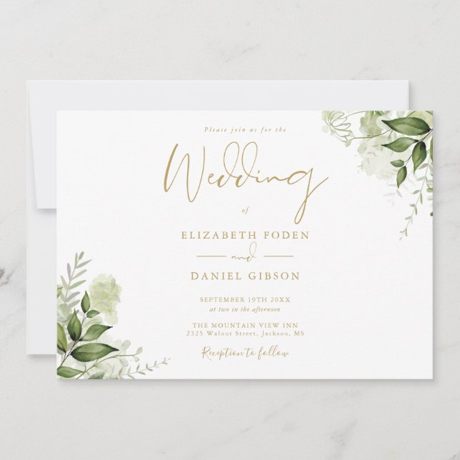 Greenery Floral Photo Elegant Gold Script Wedding Invitation (Front)