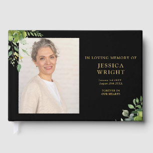 Greenery Floral Photo Funeral Memorial Guest Book