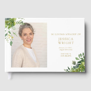 Greenery Floral Photo Funeral Memorial Guest Book