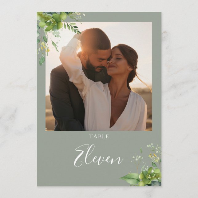 Greenery Floral Photo Sage Green Table Number (Front)