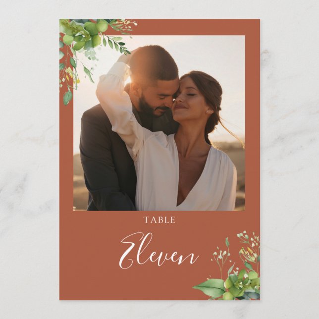 Greenery Floral Photo Terracotta Table Number (Front)