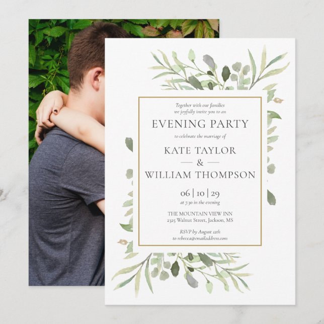 Greenery Floral Photo Wedding Evening Party Invitation (Front/Back)