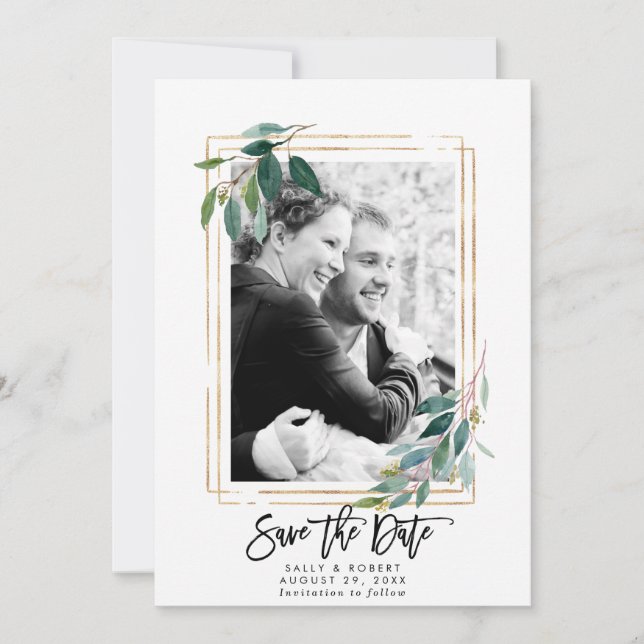 greenery floral photo wedding save the date card (Front)