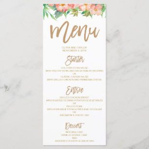 Greenery & Floral Pink & Gold Wedding Dinner Menu