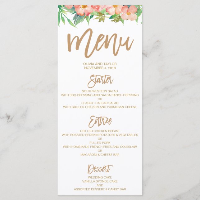 Greenery & Floral Pink & Gold Wedding Dinner Menu (Front)