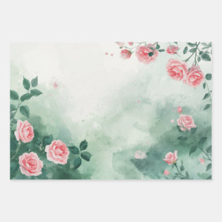 Greenery Floral Pink Rose Gift Wrap Sheets Flat