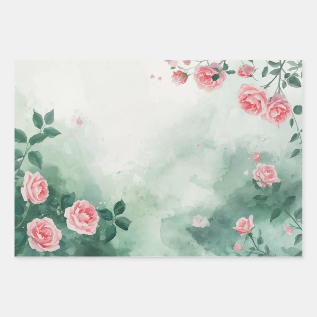 Greenery Floral Pink Rose Gift Wrap Sheets Flat (Front)