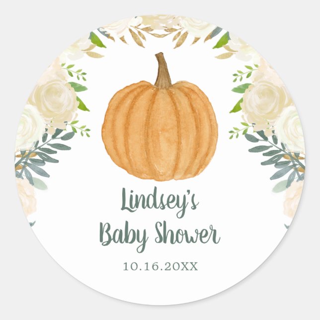 Greenery Floral Pumpkin Fall Baby Shower Classic Round Sticker (Front)