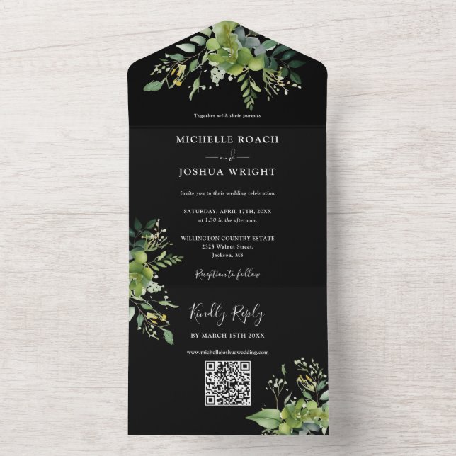 Greenery Floral QR Code Black And White Wedding All In One Invitation (Inside)