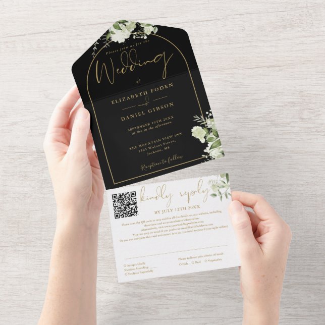  Greenery Floral QR Code Black Gold Arch Wedding All In One Invitation (Tearaway)