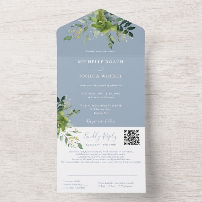 Greenery Floral QR Code Dusty Blue Wedding All In One Invitation (Inside)