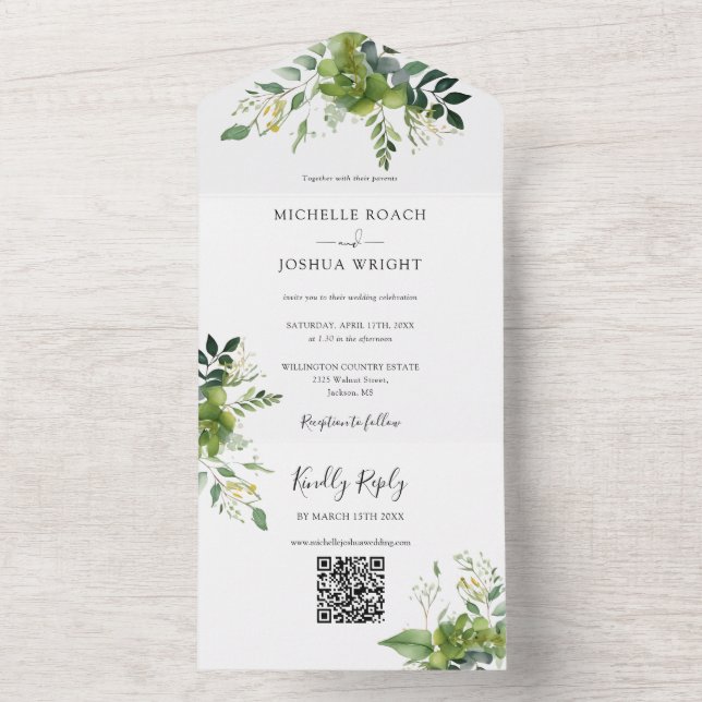 Greenery Floral QR Code Elegant Monogram Wedding All In One Invitation (Inside)