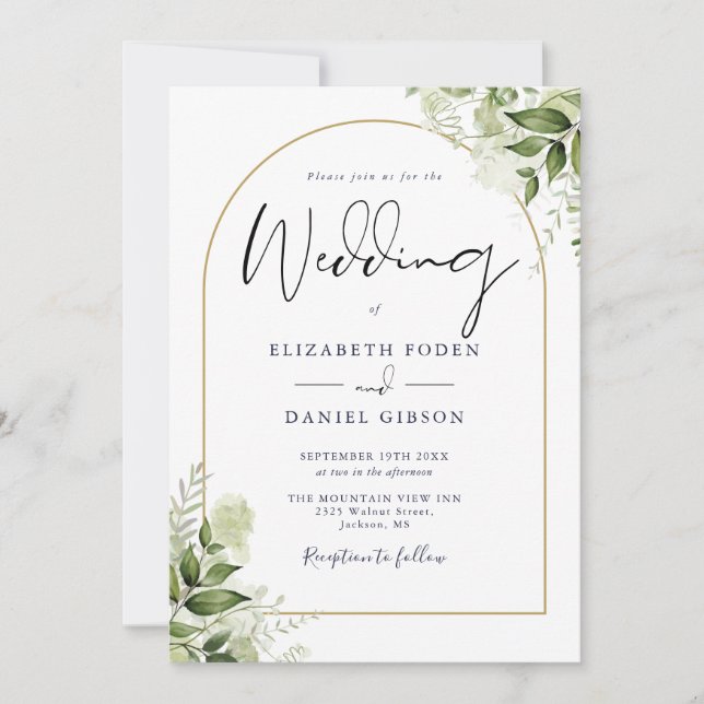 Greenery Floral QR Code Gold Arch Wedding Invitation (Front)