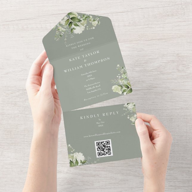 Greenery Floral QR Code Sage Green Wedding All In One Invitation (Tearaway)