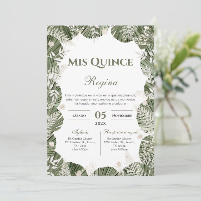 Greenery Floral Quinceañera Spanish Invitation (Standing Front)