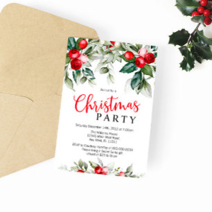Greenery Floral & Red Christmas Party Invitation