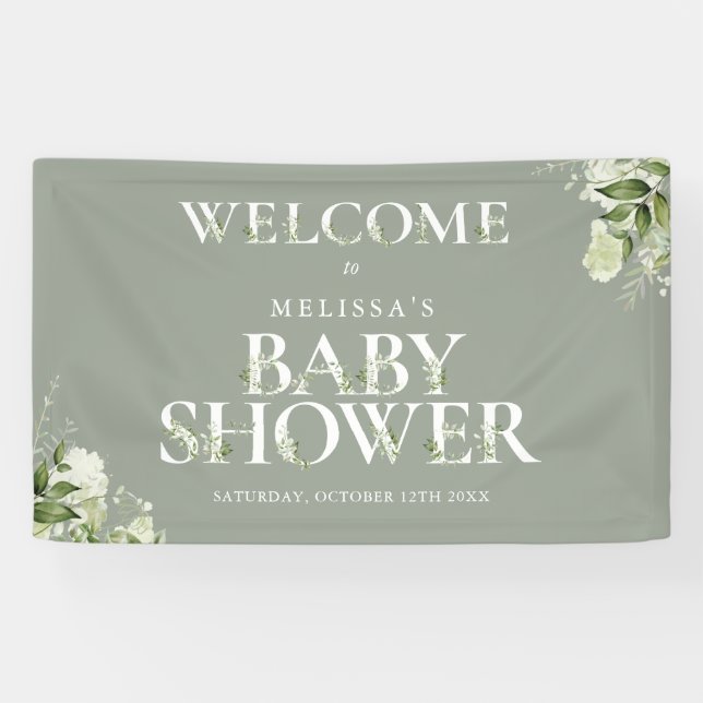 Greenery Floral Sage Green Baby Shower Welcome Banner (Horizontal)