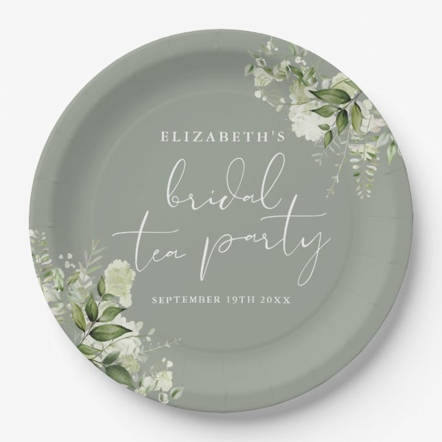 Greenery Floral Sage Green Bridal Shower Tea Party Paper Plate (Front)
