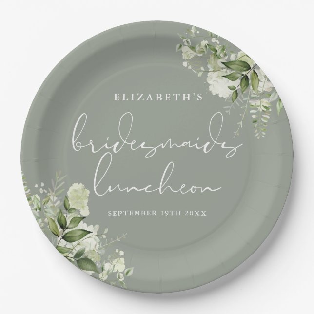 Greenery Floral Sage Green Bridesmaids Luncheon Paper Plate (Front)