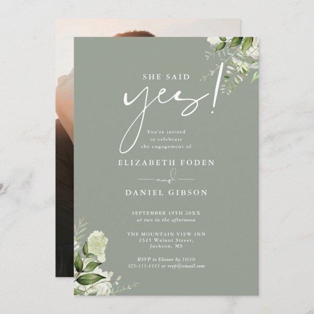 Greenery Floral Sage Green Photo Engagement Party Invitation (Front/Back)