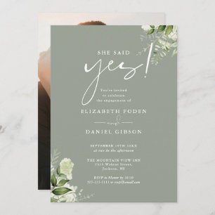 Greenery Floral Sage Green Photo Engagement Party Invitation