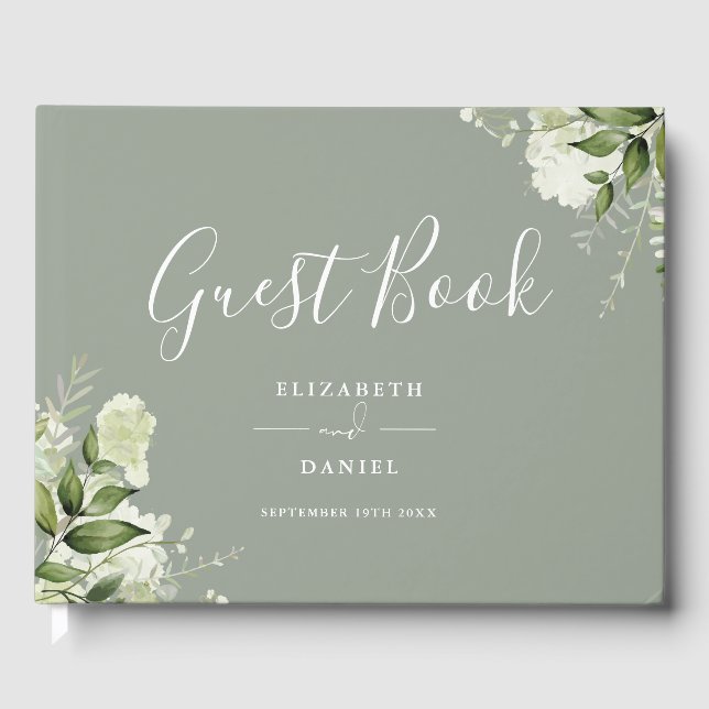 Greenery Floral Sage Green Photo Wedding Guest Book (Front)