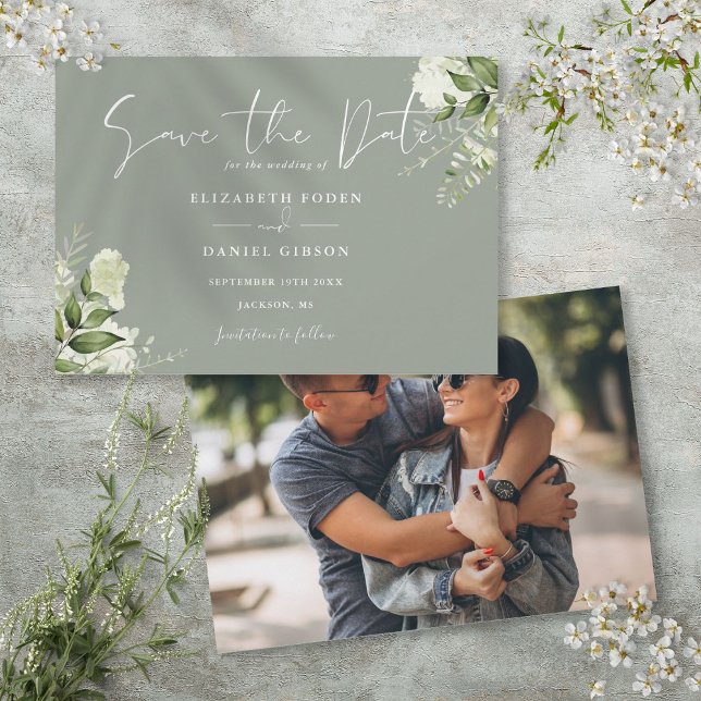 Greenery Floral Sage Green Photo Wedding Save The Date (Greenery Floral Sage Green Photo Wedding Save The Date)