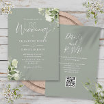 Greenery Floral Sage Green QR Code Wedding Invitation<br><div class="desc">This elegant sage green botanical greenery leaves wedding invitation can be personalised with your information in chic typography with your wedding website details and your QR code on the reverse. Designed by Thisisnotme©</div>