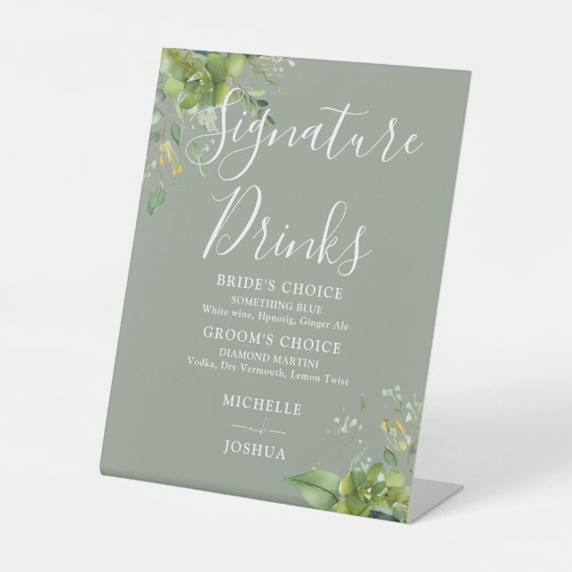 Greenery Floral Sage Green Signature Drinks Pedestal Sign (Front)