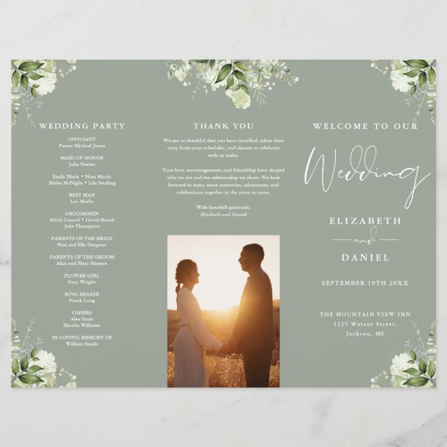 Greenery Floral Sage Green Trifold Wedding Program Flyer (Front)