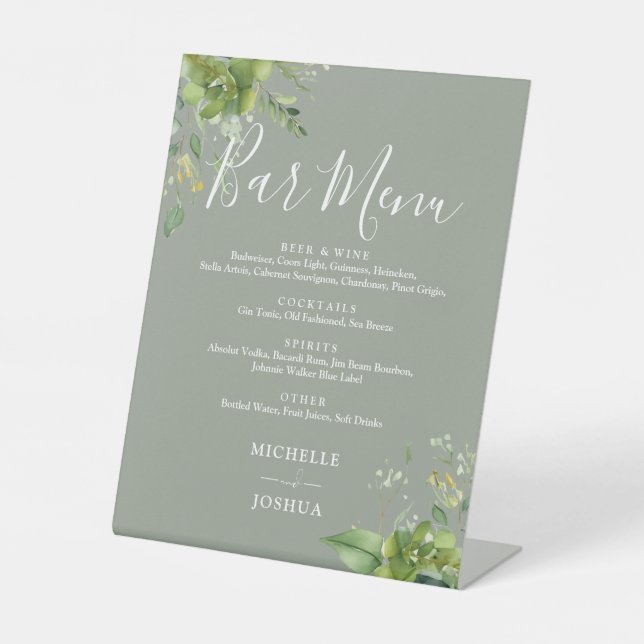 Greenery Floral Sage Green Wedding Bar Menu Pedestal Sign (Front)
