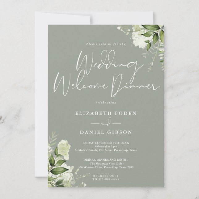 Greenery Floral Sage Green Wedding Welcome Dinner Invitation (Front)