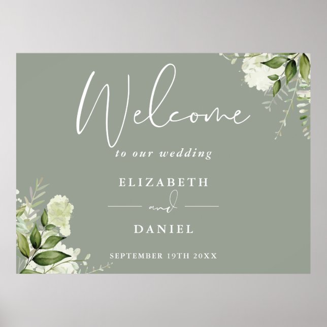 Greenery Floral Sage Green Wedding Welcome Sign (Front)